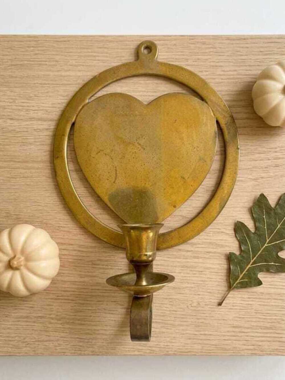 Brass Candle Heart Wall Sconce, Cottagecore Farmhouse Decor, Vintage Gift
